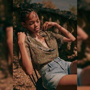 Sezane Dalhia Blouse Khaki Mini Flower S 36 Embroidered Eyelet Ruffle Top 45352